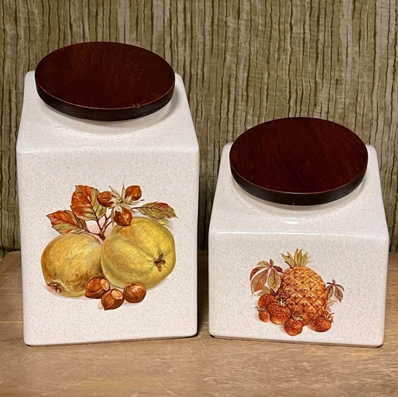 Vintage Hyalyn Pottery Canister Set, Two Fruit Pattern Canisters with Wood Lids - Picture 3 of 10